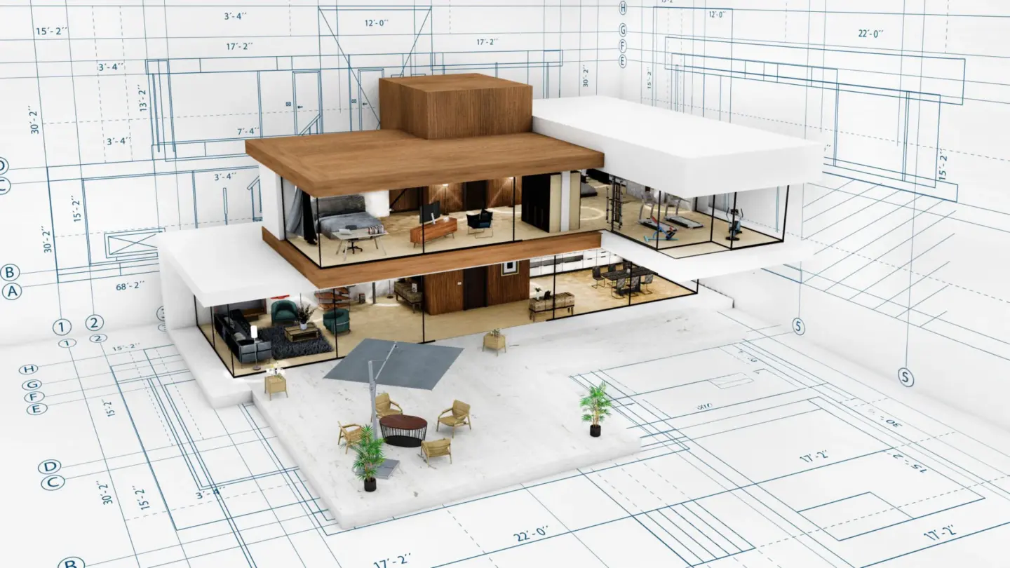 3d modern house cutaway over architectural blueprints showing interior spaces