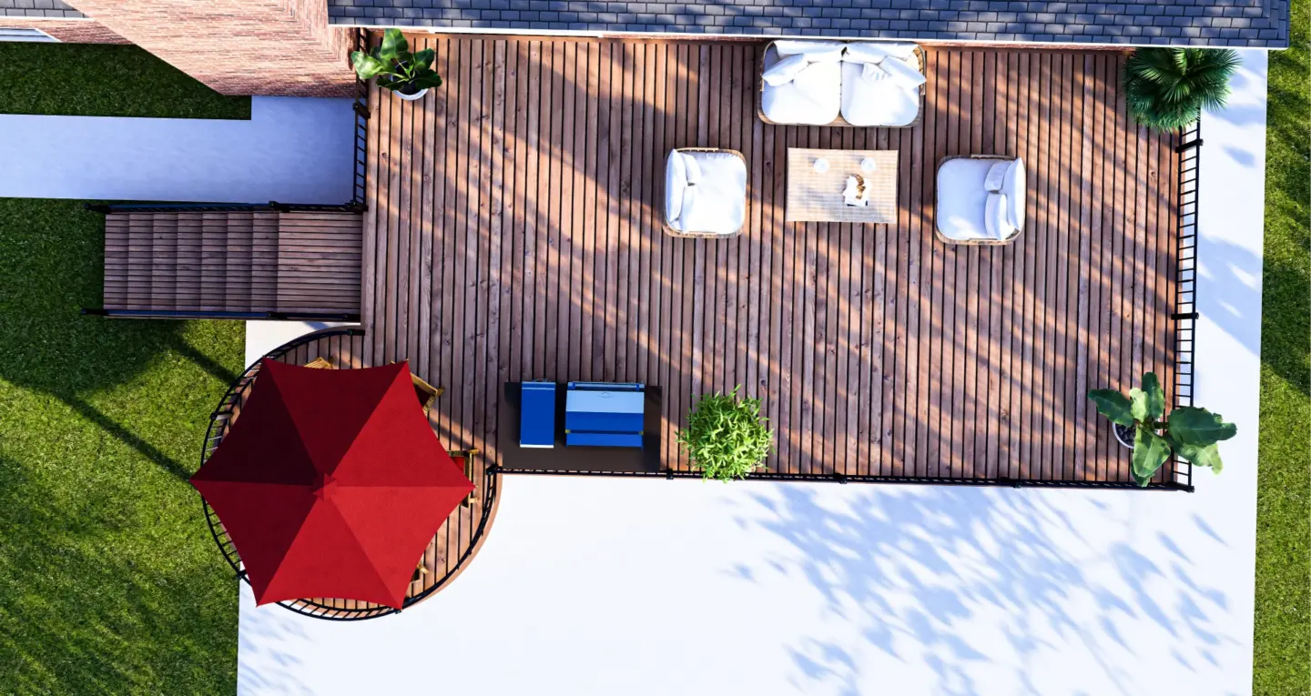 Aerial view of the 3d backyard deck with outdoor furniture