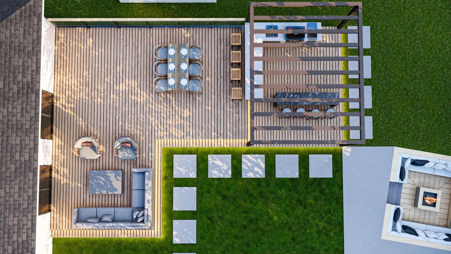 Aerial view of the 3d deck design exterior with outdoor kitchen