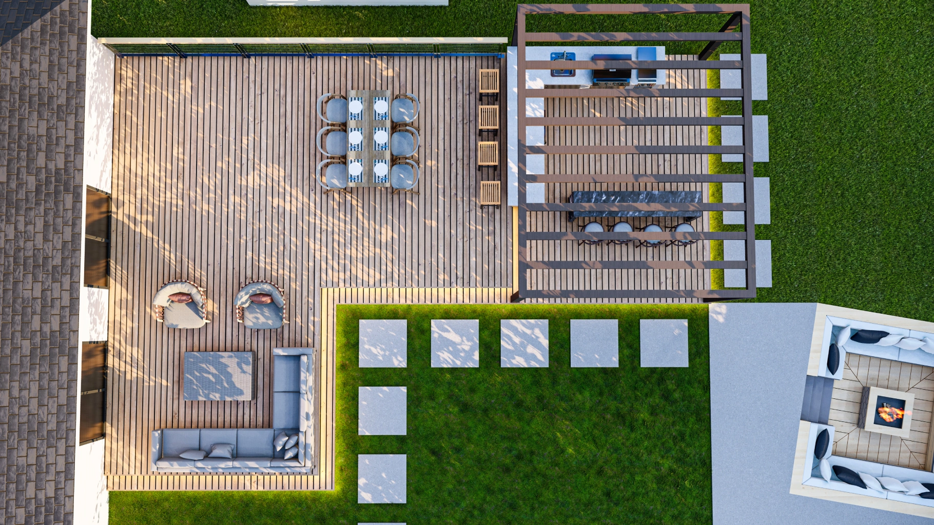 Aerial view of the 3d deck design exterior with outdoor kitchen