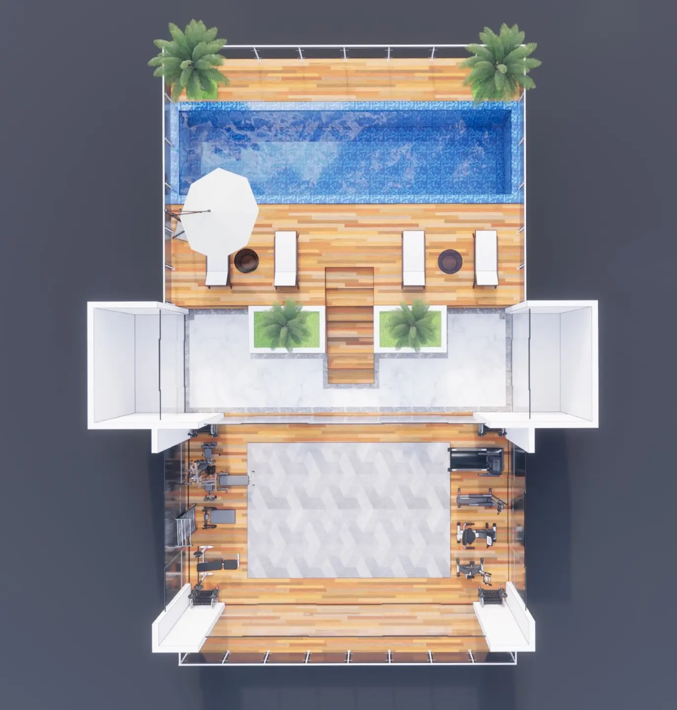 Aerial view of the 3d house with a pool and gym equipment and glass railing