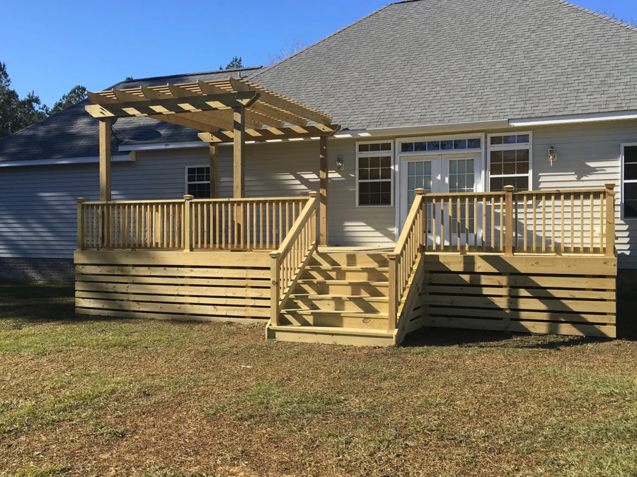 Commercial deck with skirting featuring pergola on the wilmington