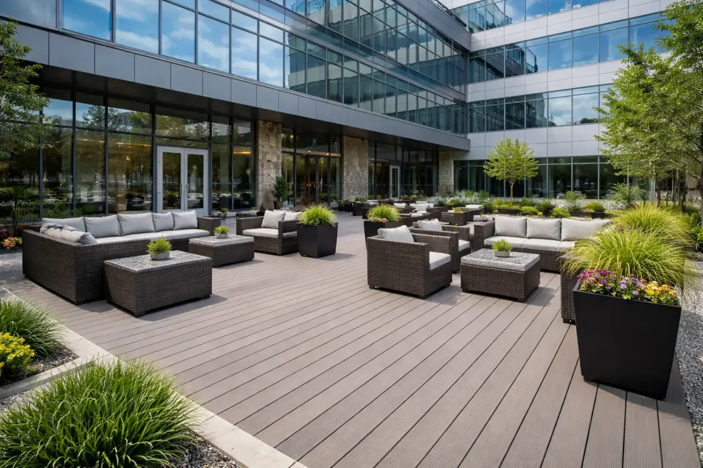 Composite decking on the outside of the building with plants and furniture