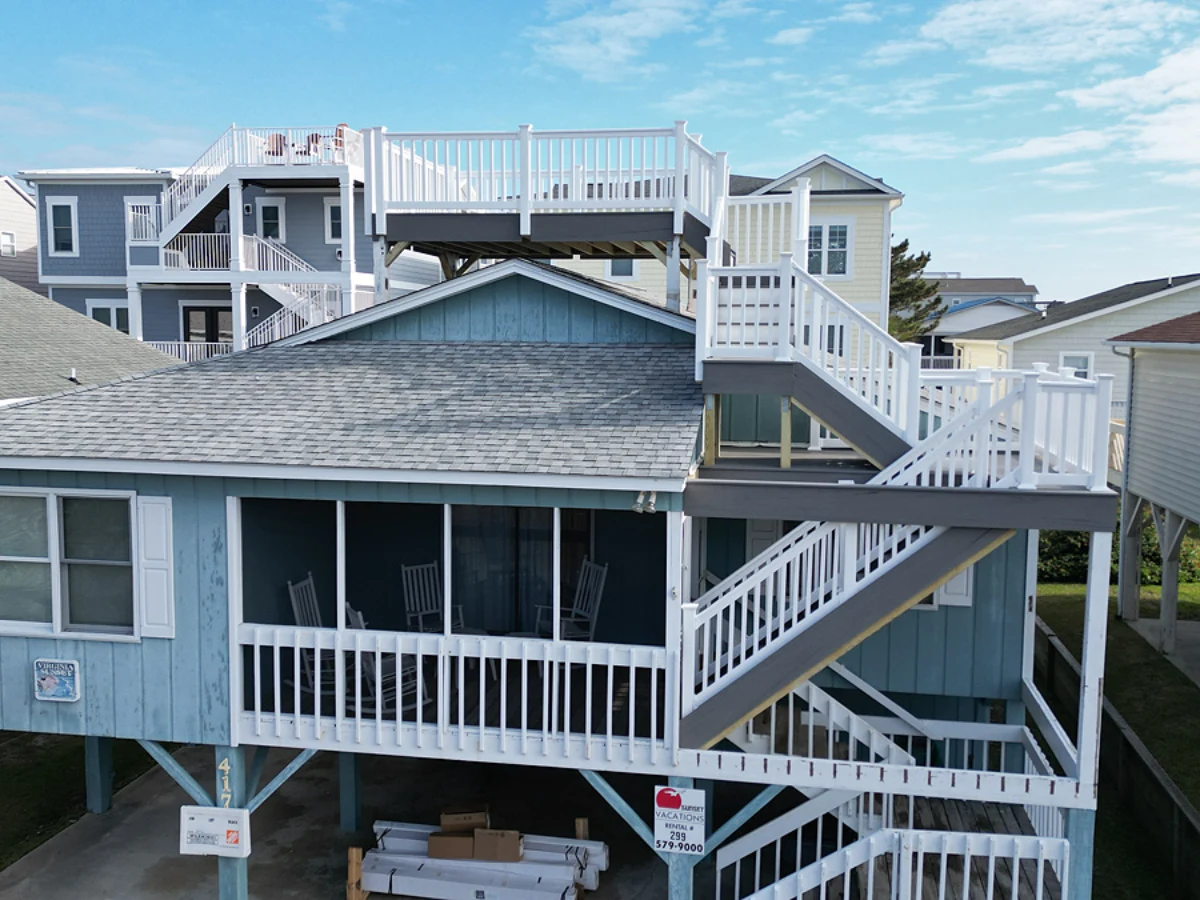 Elevated beach house deck with stairs on the wilmington