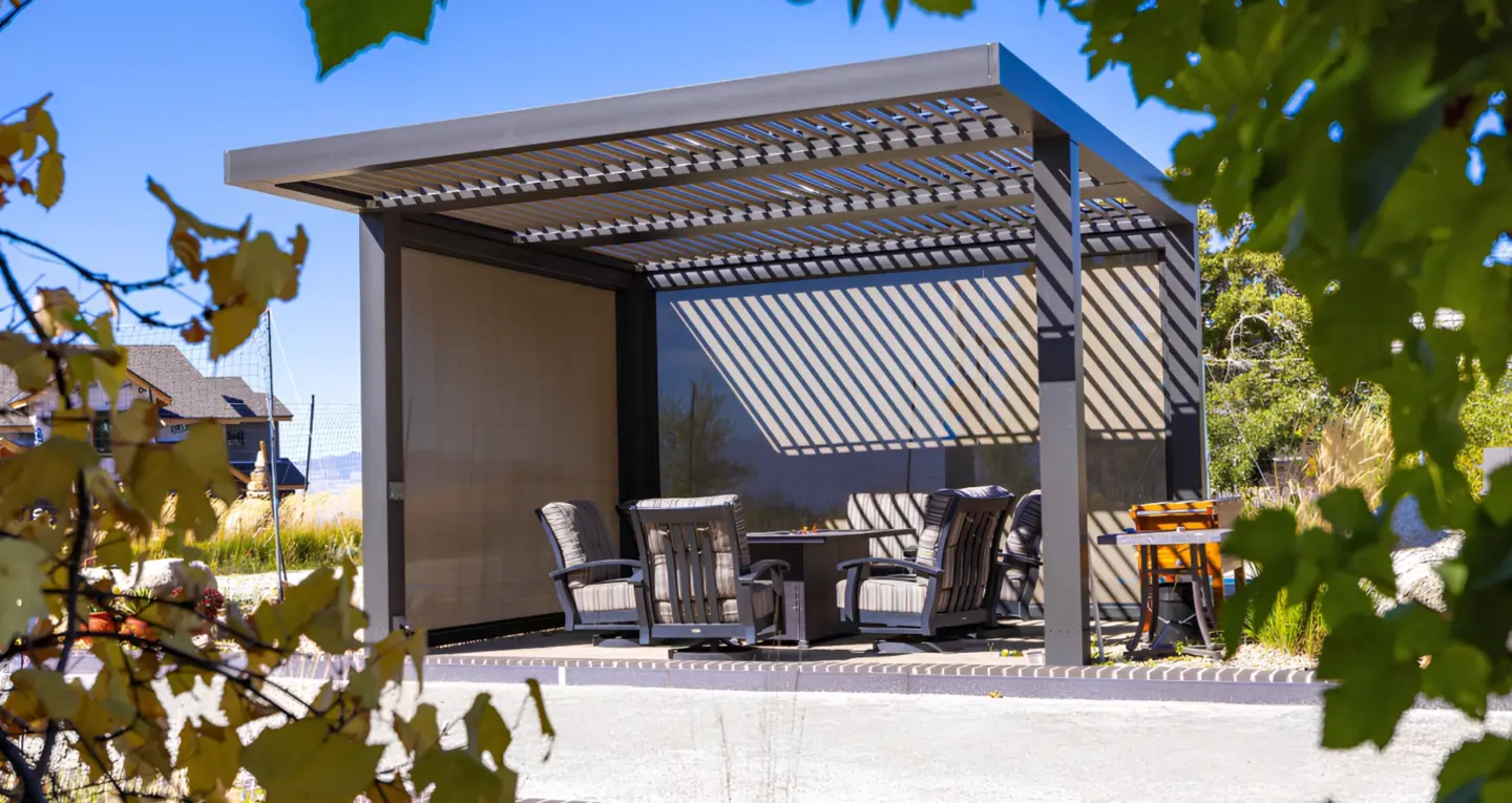 Gray cabana with firepit and chairs in wilmington nc