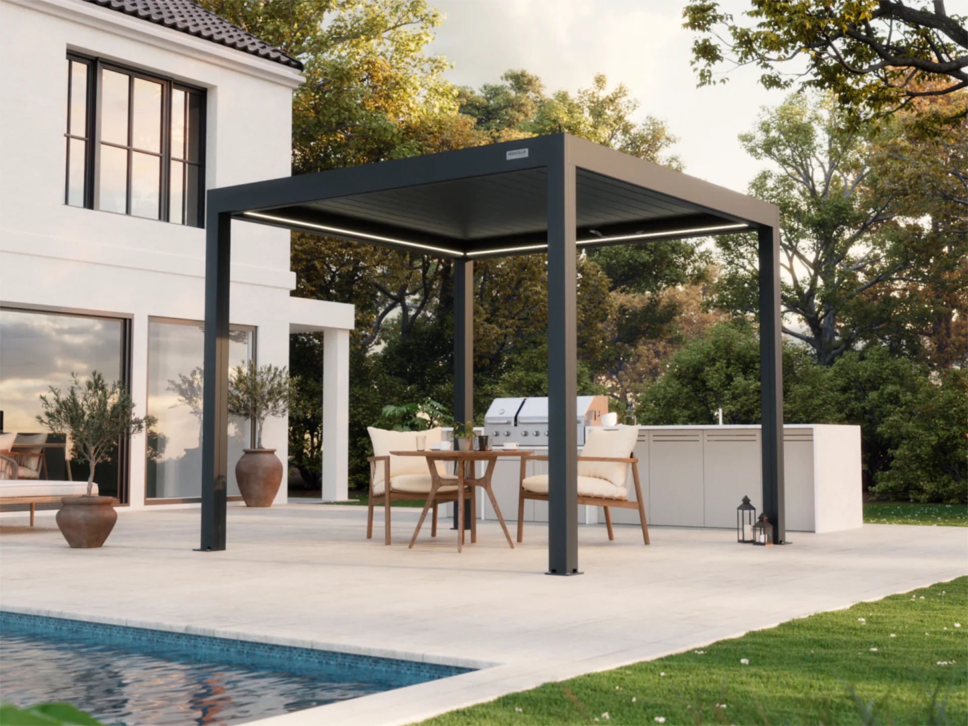 Louvered pergola on patio with outdoor kitchen in wilmington nc