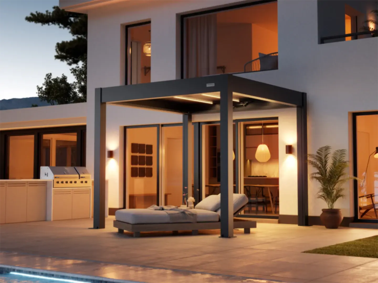 Louvered pergola with lights and outdoor living kitchen in wilmington nc