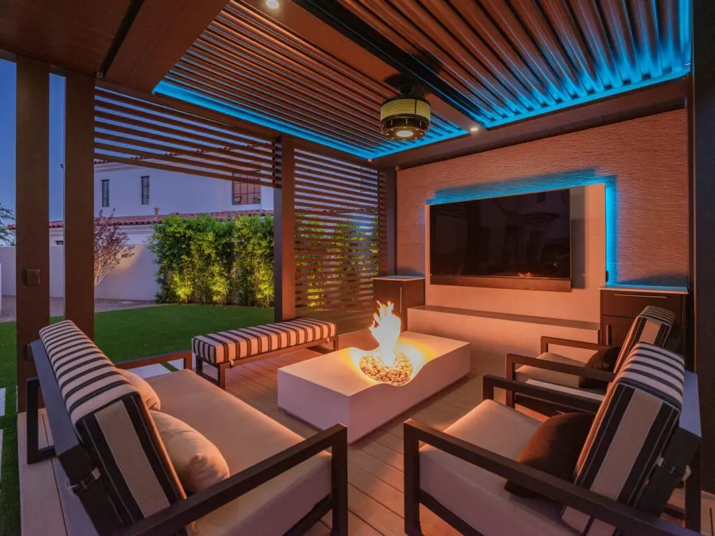 Louvered privacy wall cabana with firepit in wilmington nc