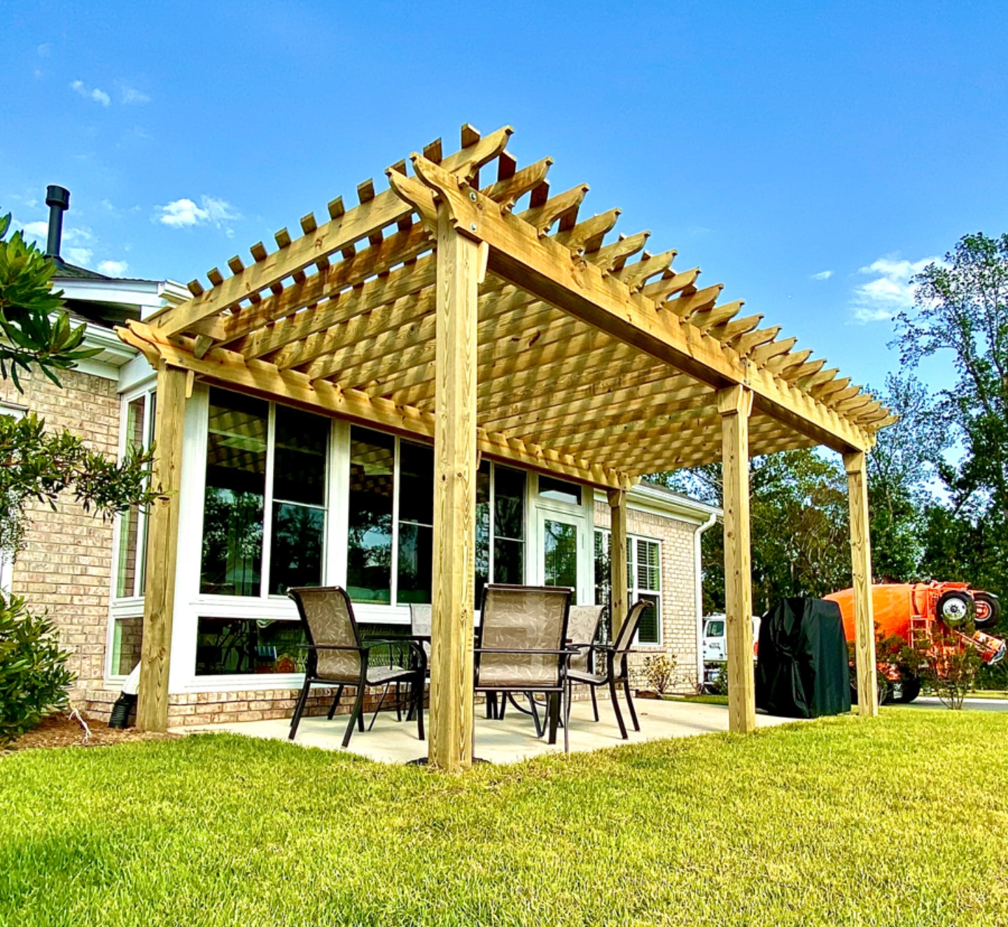Patio pergola construction with chairs in wilmington nc