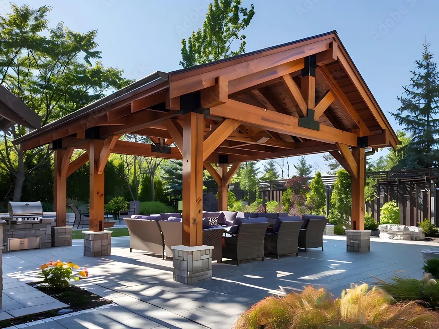 Pavilion on a home patio with big wooden fence and outdoor kitchen and furniture