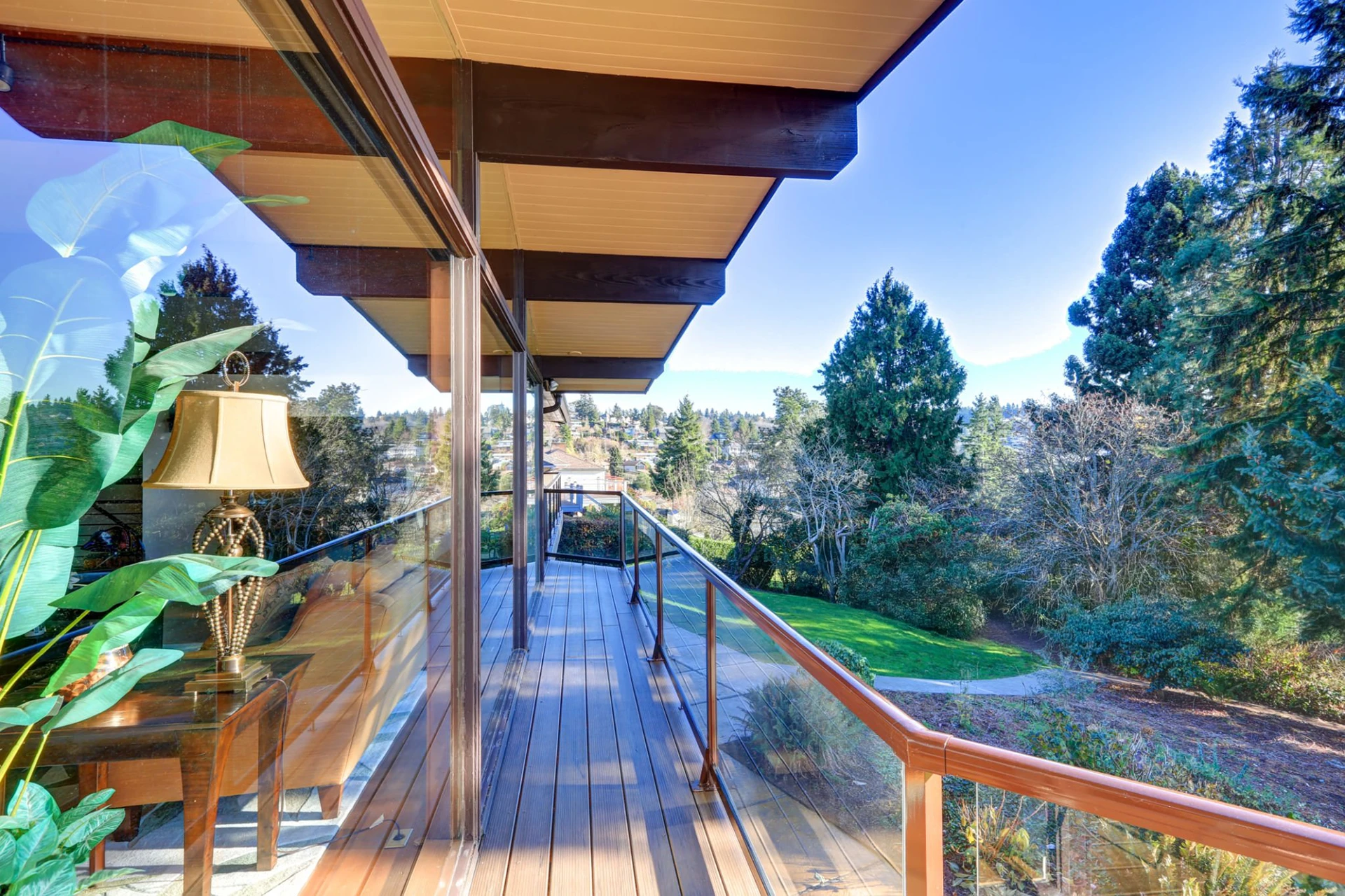 Stock modern two story panorama house with wraparound deck