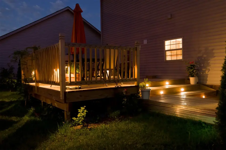Stock night scene patio light decking on the wilmington