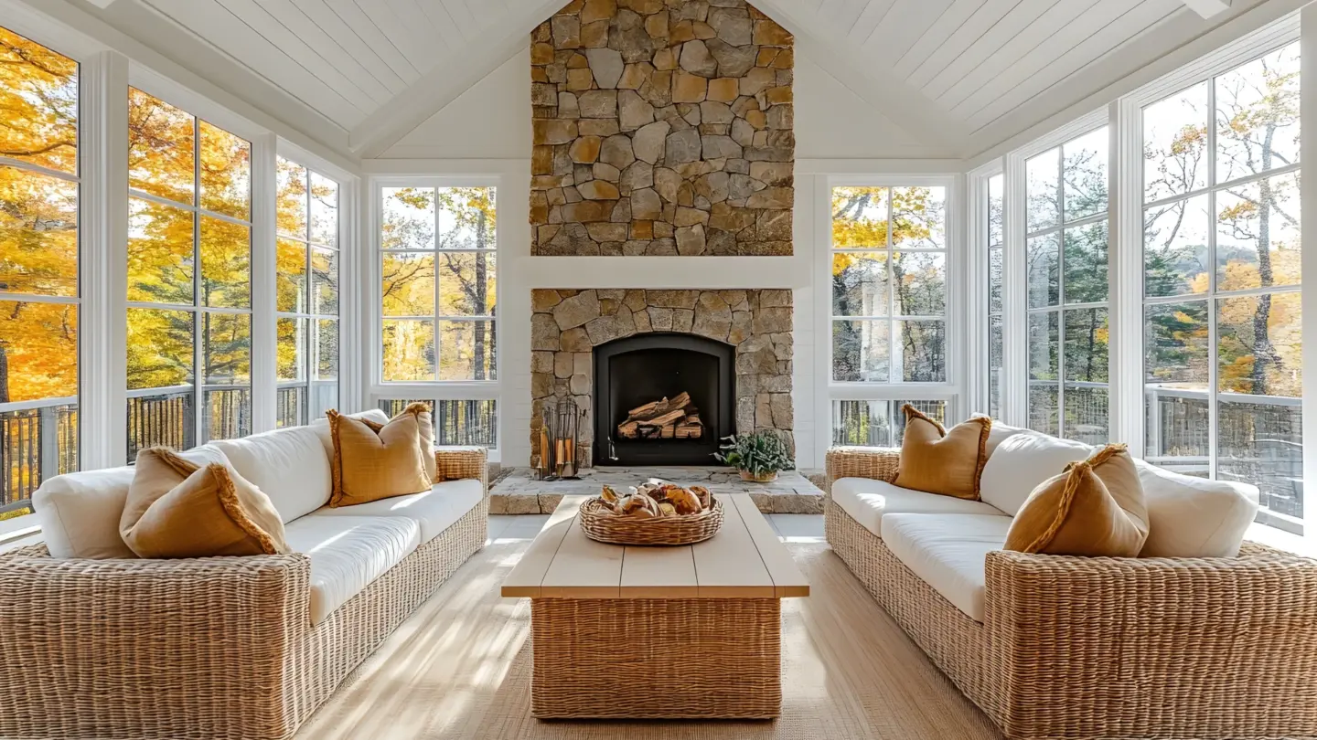 Stock sunroom with white frame windows