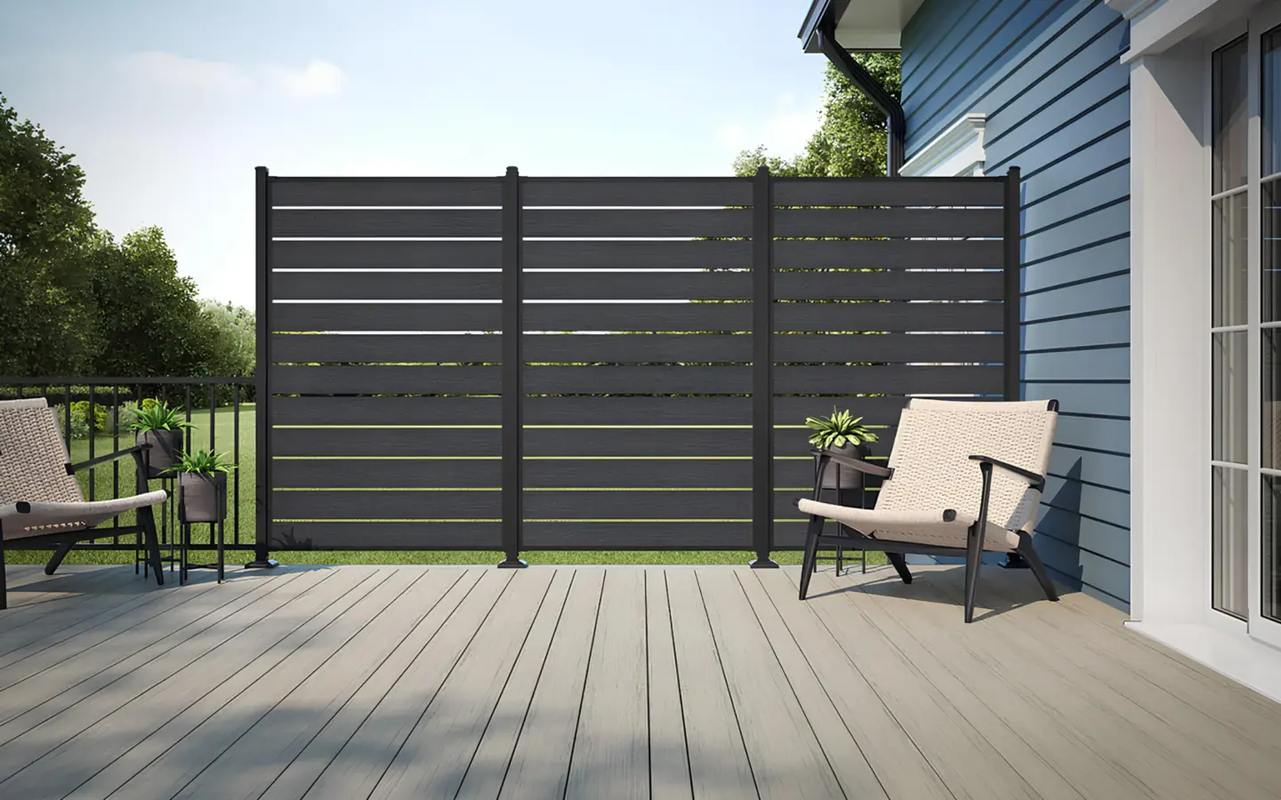 Voyage tundra varied width dark slate privacy screen on residential deck in wilmington nc