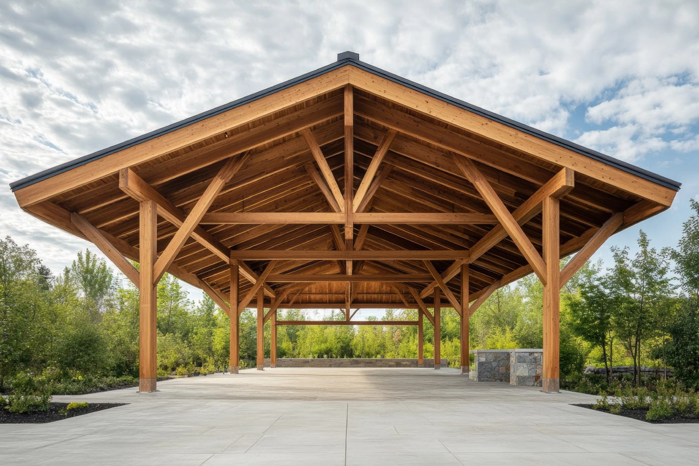 Wooden beams create striking structure open green space bright sky in wilmington nc